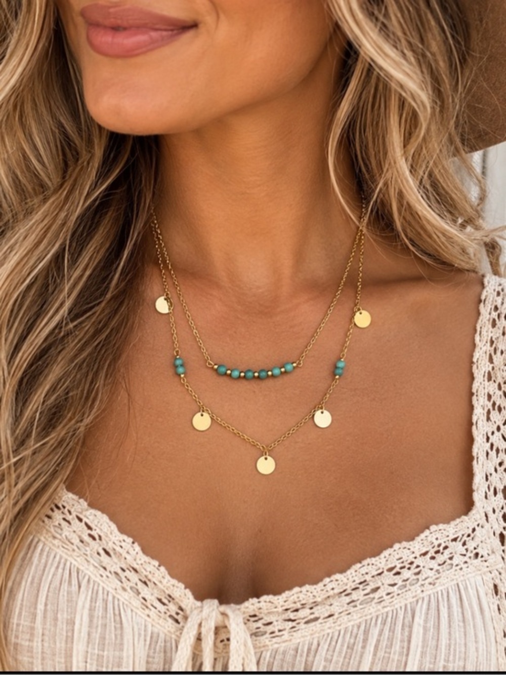 Gold Tone Layered Turquoise Beaded Disc Charm Necklace Boho